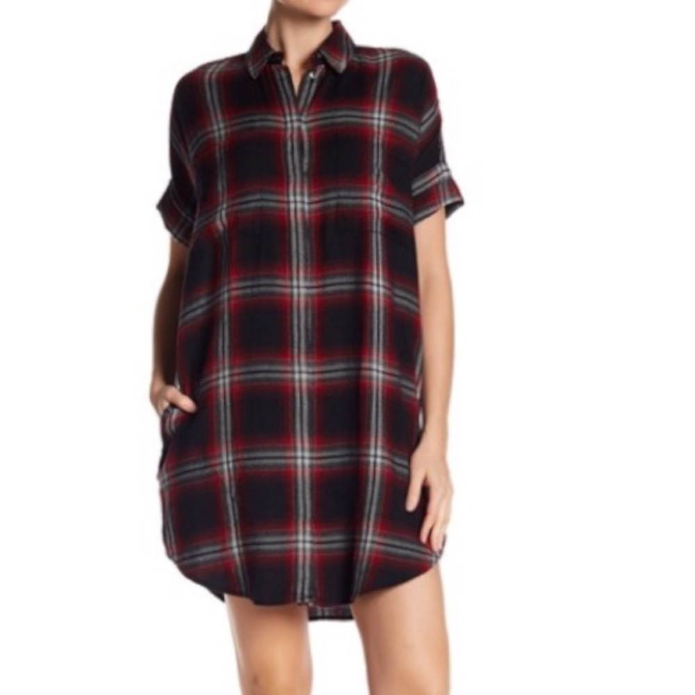 Madewell Grunge Plaid Shirtdress Sz XS -Red black